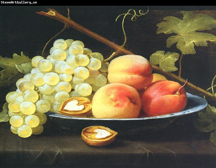 Jacob van Es Nature morte aux peches, raisins et noix sur un entablement